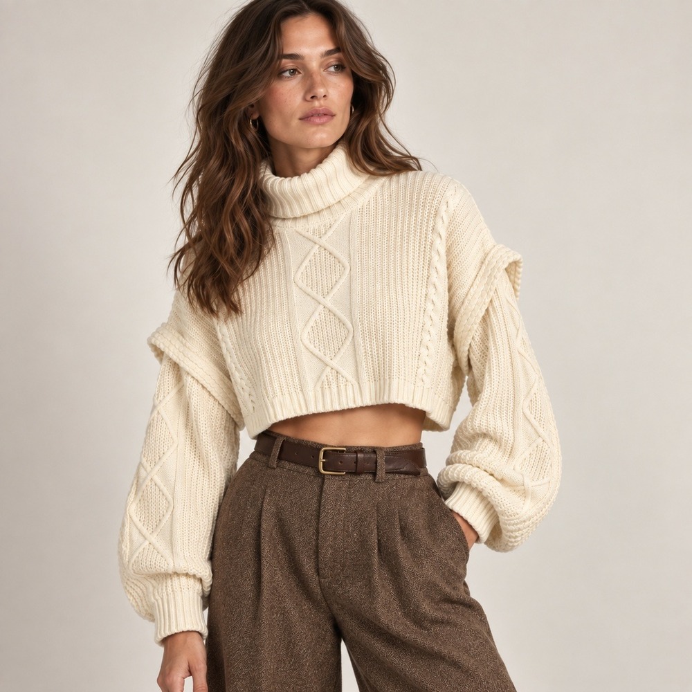 MABLE Cropped Sweater Women L Cream Oversized Cable Knit Turtleneck Fisherman